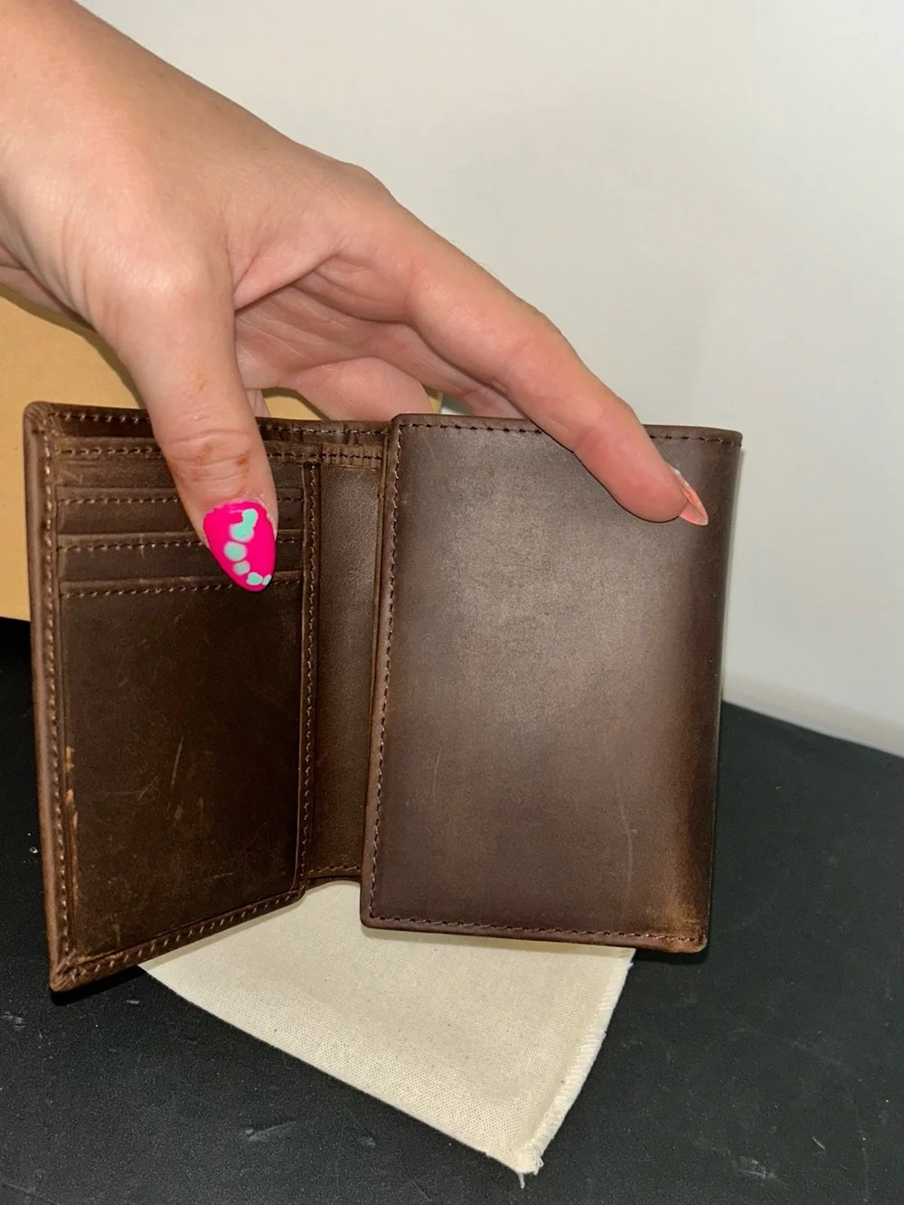 Leather Trifold Wallet with ID Window - Dark Brown